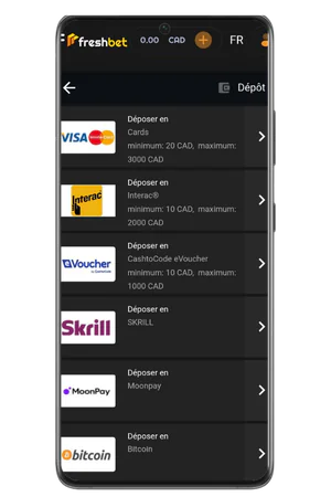 Interface dépôt bonus bienvenue activation